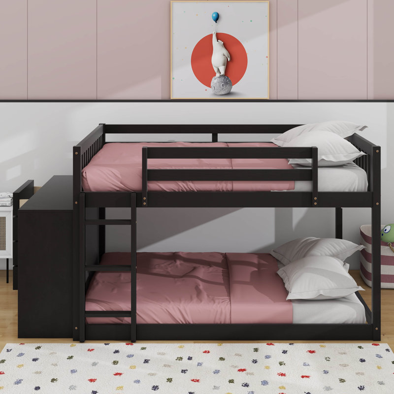 Lit superposé double au-dessus de double avec tiroirs et tablettes, Espresso