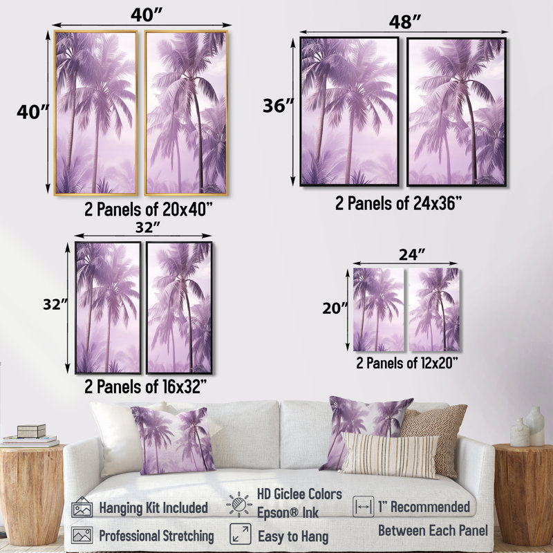 Lavande, jungle, palmier, lagon - palmiers floraux et palmiers, art mural sur toile, 36" H x 48" W, Brun