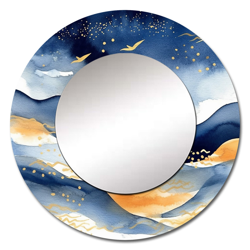 Dark Blue and Gold Abstract IX - Fractals Unique Mirror, Modern Large Round Wall Mirror, Printed Metal Art, 29" x 29"