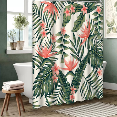 Dark Green Tropical Palm Leaves Shower Curtain with 12 Hooks
