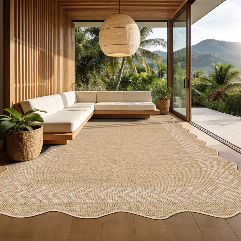 Easy Jute Rug Modern Bordered Indoor Outdoor Rug for Patio Non-Slip No Shed Carpet for Dining Room Backyard Office, Beige