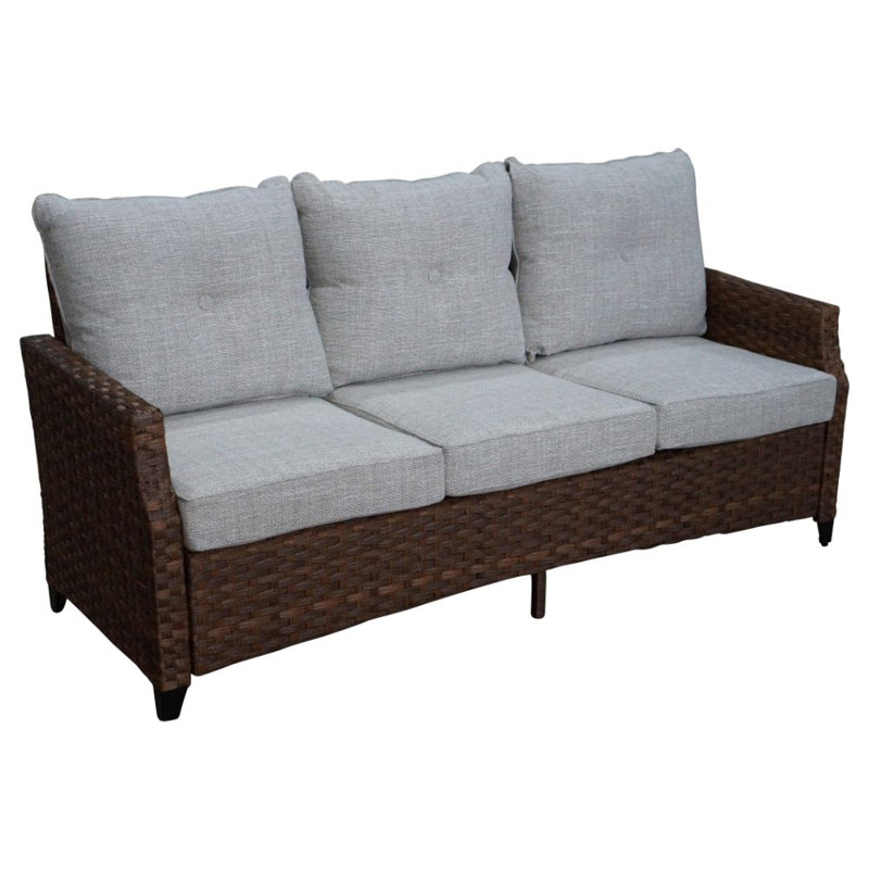 Weinmann 72.44'' Wide Patio Sofa with Cushions, Brown Frame/ Light Gray Cushion