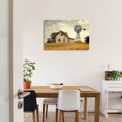 Vintage Farmhouse Windmill Canvas Wall Art, Rustic Old Barn Country Landscape Painting, Framed Rural Farm Wall Decor for Living Room Bedroom Kitchen, Ready to Hang