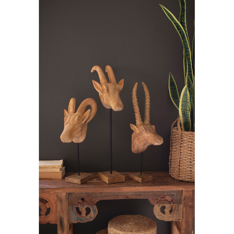  Têtes d'animaux d'Afrique en bois de manguier - ensemble de 3 décorations rustiques de 28,25 po de hauteur