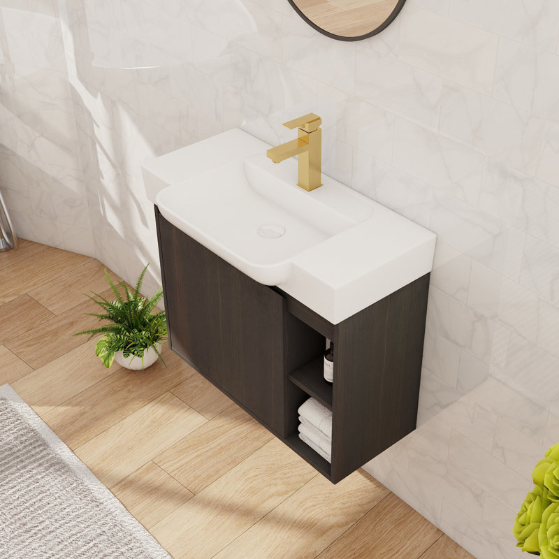 Meuble-lavabo mural de 28 pouces avec lavabo en céramique, armoire à porte simple compacte et tablette ouverte, Noir, 28"