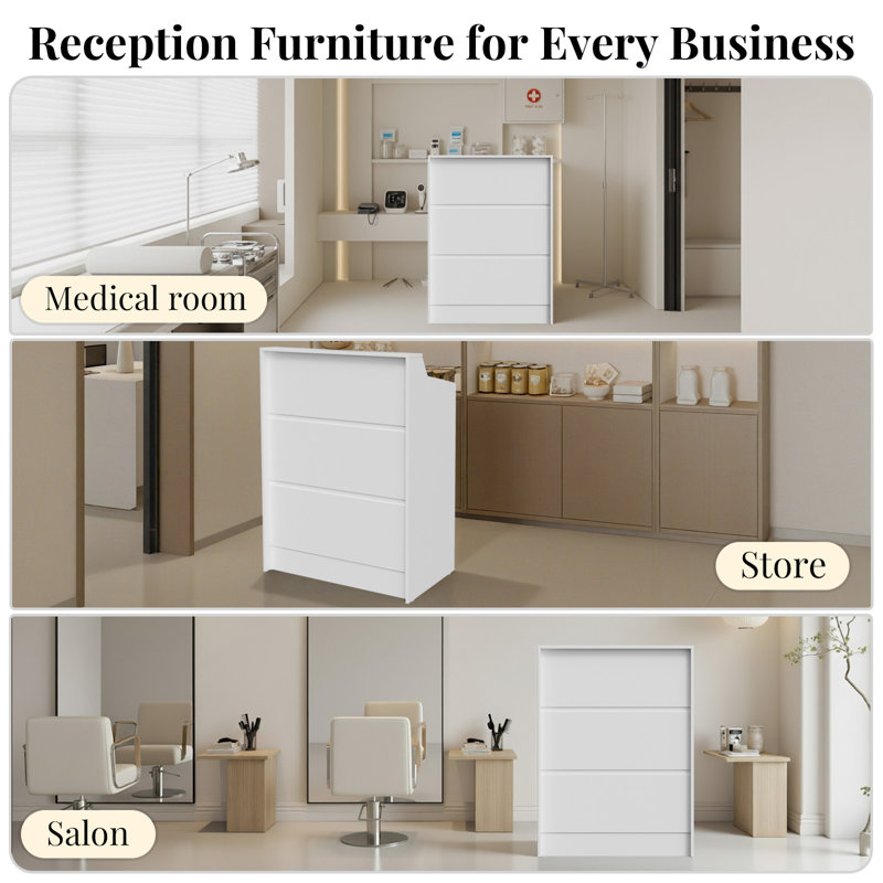 Compact Modern Reception Desk With Lockable Drawer, White