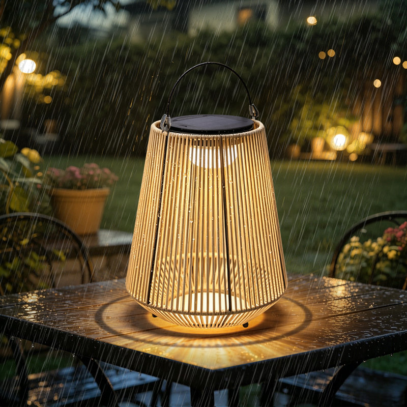 Lanterne d'extérieur carrée en rotin, rechargeable à énergie solaire, lampe de camping portative pour terrasse, jardin et pelouse.