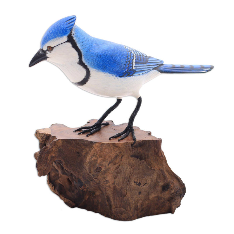 Perched Blue Jay Wood Sculpture