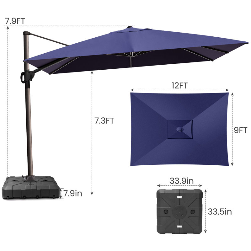 12' X 9' Rectangular Patio Cantilever Umbrella With Weighted Base, Navy Blue