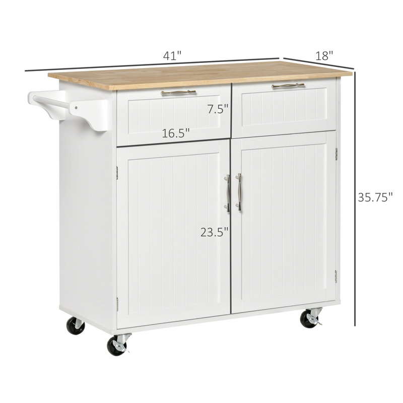 41" Rolling Kitchen Island, White - Drawers & Spacious Shelves Mobile With