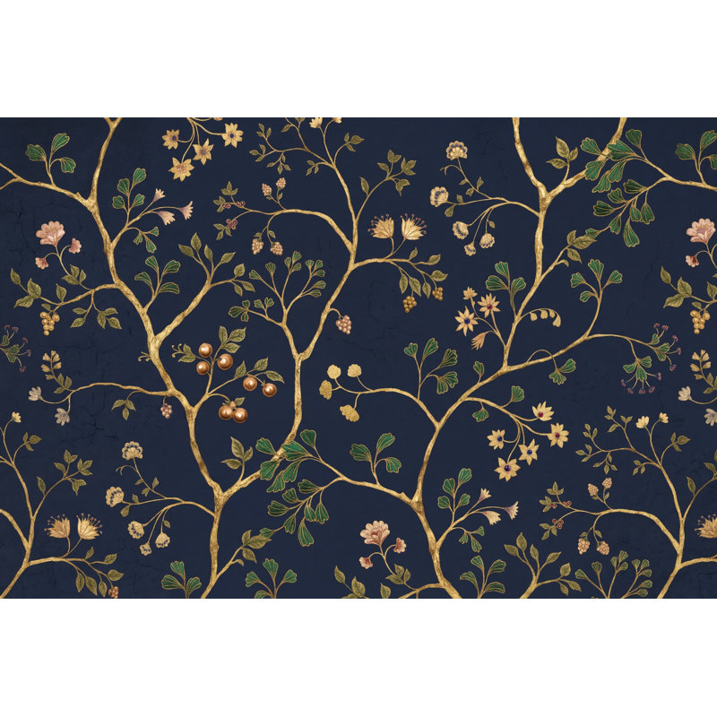 Papier peint floral foncé avec branches dorées et papier peint foncé, 100 po x 96 po, Non tissé