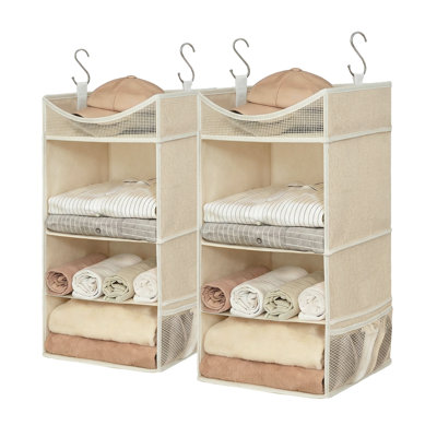 Organisateur de penderie à 3 niveaux - Étagères de rangement pliables en lin de coton avec tablette supérieure pour garde-robe et casier, paquet de 2 abricot, 32 x 32 x 81 cm