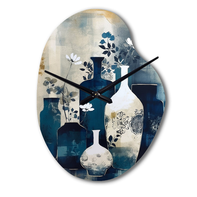 Horloge murale en métal bleu et crème fantaisiste Vase II - Boho Pottery, Petit