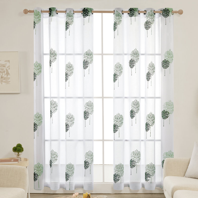 Tree Embroidered Light Filtering Sheer Curtains (Set of 2), 52" W x 84" L, Green