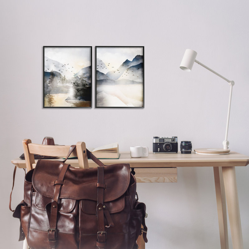 Sunlit Birds over Lake par JJ Design House LLC - 2 pièces, impression, Giclée encadrée noir minuit, H 14 po x l 11 po
