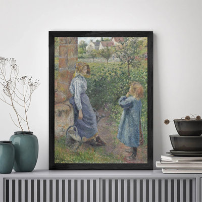 Minimalist Black Framed Artwork Ready to Hang Two Children Picking Apples Garden Framed Picture for Wall Decor Solid Black Wooden Frame Included