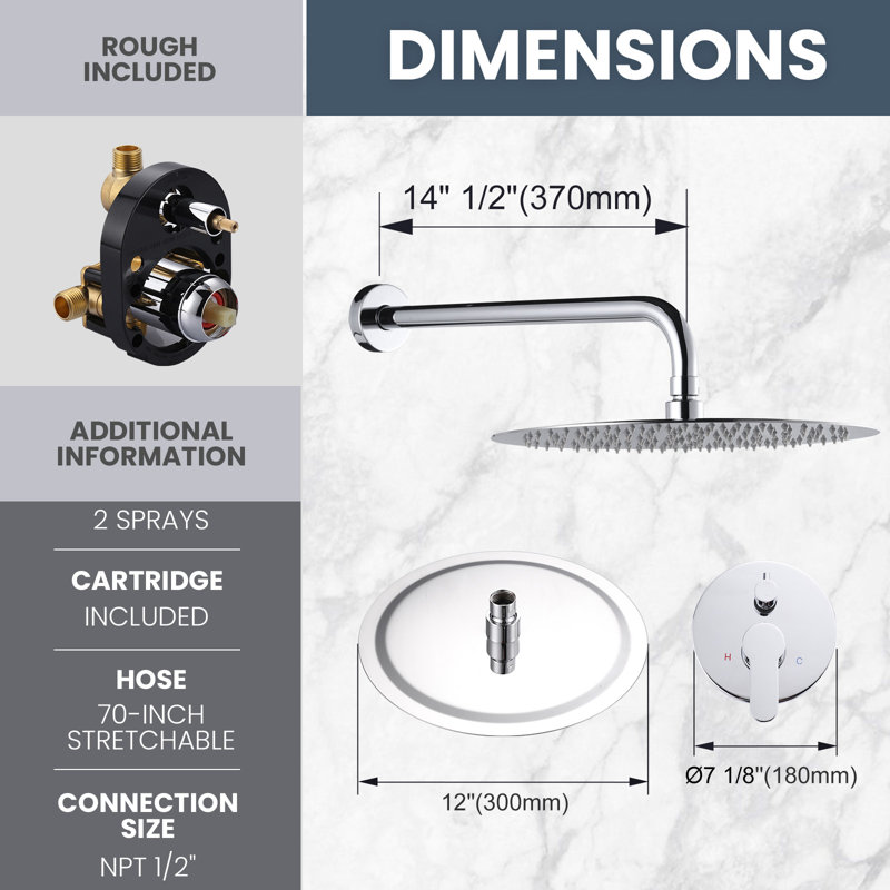 9-Spray Patterns With 1.8 Gpm 12 In. Wall Mount Shower System With Two Showerhead, Polished Chrome