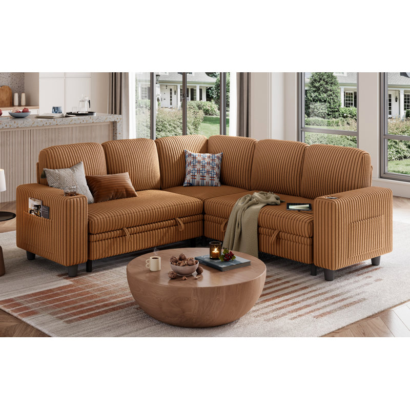 Sherry 81'' Upholstered Modular Sectionals with Pull-out Sofa, Storage Chaise, USB Charging & Cup Holders, Soren Brown