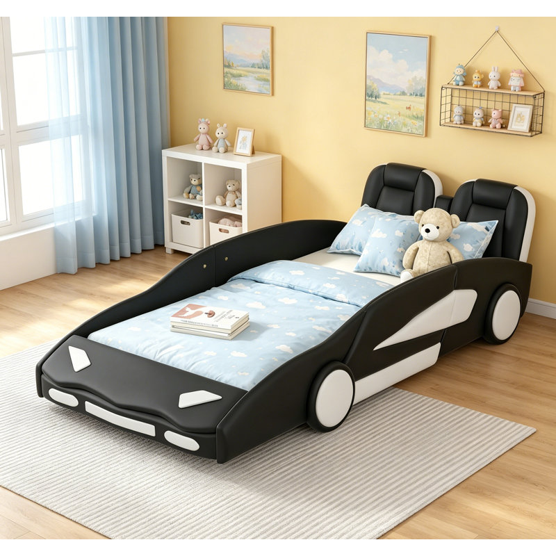 Lit plateforme simple en forme de voiture de course avec roues, durable et élégant pour les jeunes amateurs de course, Black