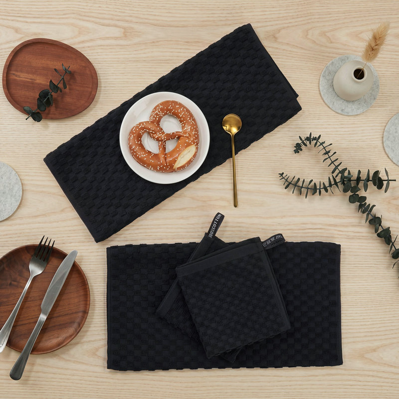 Ensemble de 10 serviettes de cuisine en coton, torchons absorbants pour la cuisine, torchons à tissage gaufré, 2 tailles, noir, 100% coton filé à l'anneau