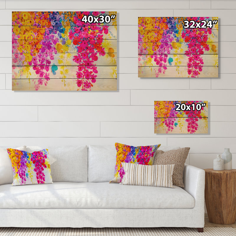 Composition de fleurs colorées III - peinture sur bois sans cadre, H 30 po x l 40 po x P 1 po