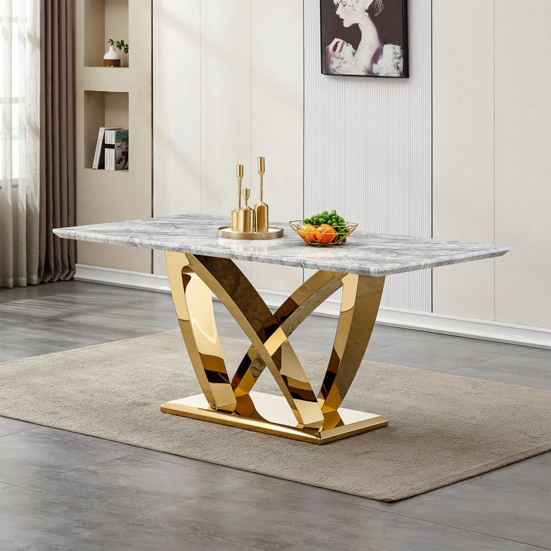 Table de salle à manger pour 6 personnes, table de salle à manger rectangulaire 70 po avec base en acier inoxydable à finition miroir