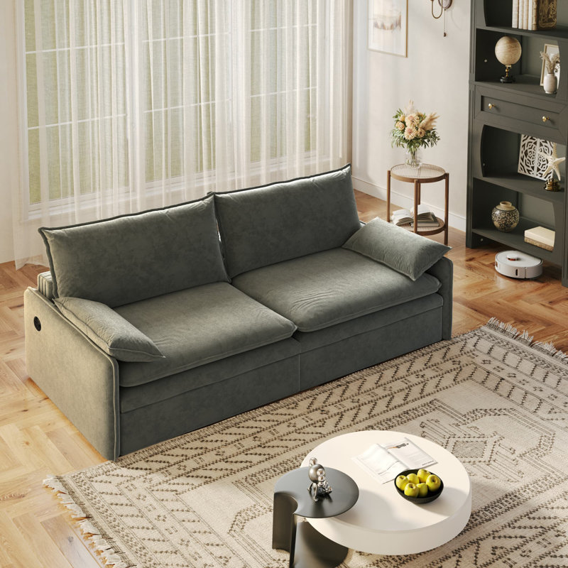 Canapé-lit convertible 4 places, chenille gris foncé, port USB