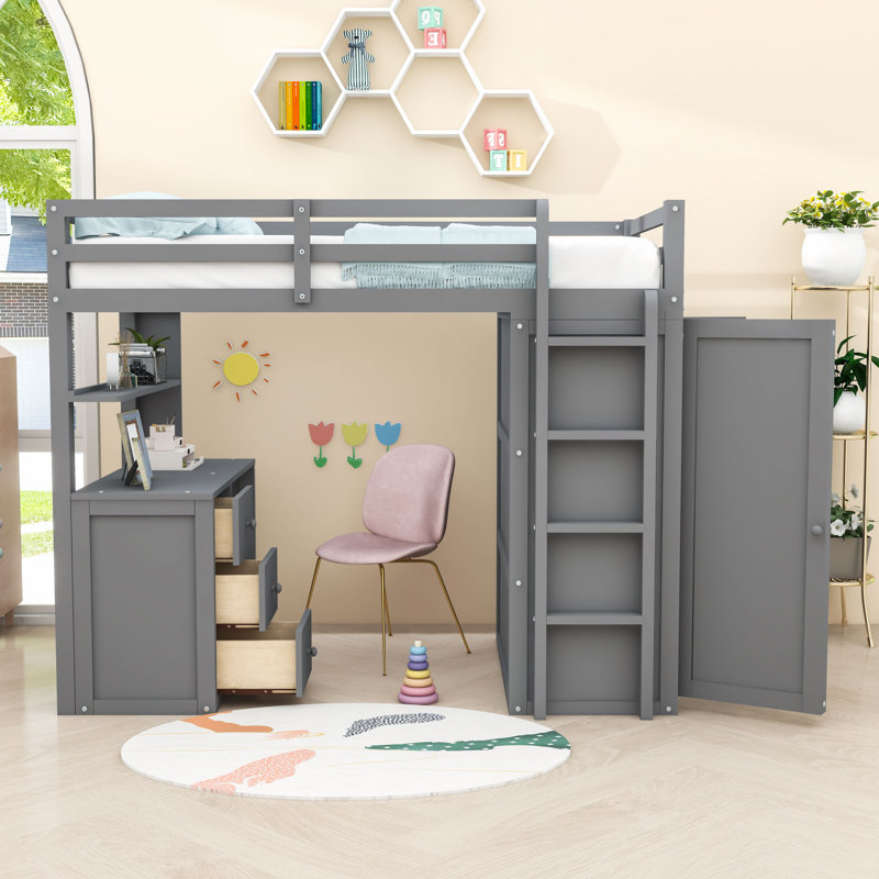 Heathyr Kids Loft Bed with Drawers, Gray, Twin