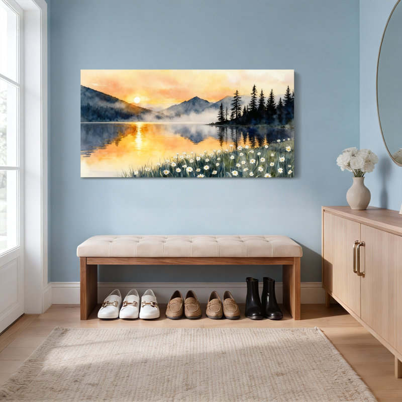 Ensemble de 1 tableau sur toile tendue représentant un coucher de soleil sur un lac de montagne avec des fleurs sauvages