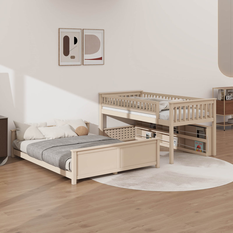 Twin XL Over Queen Bunk Bed With Integrated Shelving, Color-Changing Lights And Pegboard, Beige