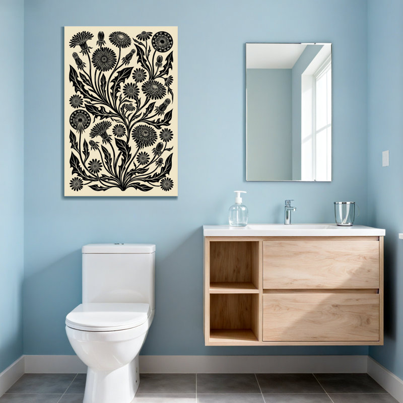 Plantes et fleurs, motif floral noir et blanc, H 30 po x l 20 po