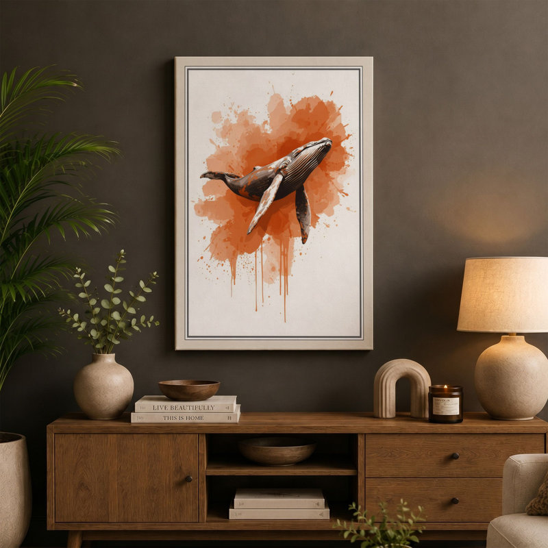Whale in Watercolour Modern 1 Piece Wrapped Canvas Wall Art, 18x12 - 45.7 x 30.5 cm, White Border