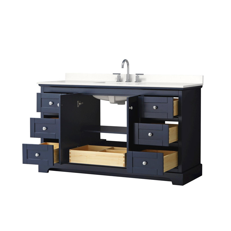 Meuble-lavabo sur pied simple avec plateau Avery, Quartz blanc, Bleu très foncé, Chrome poli