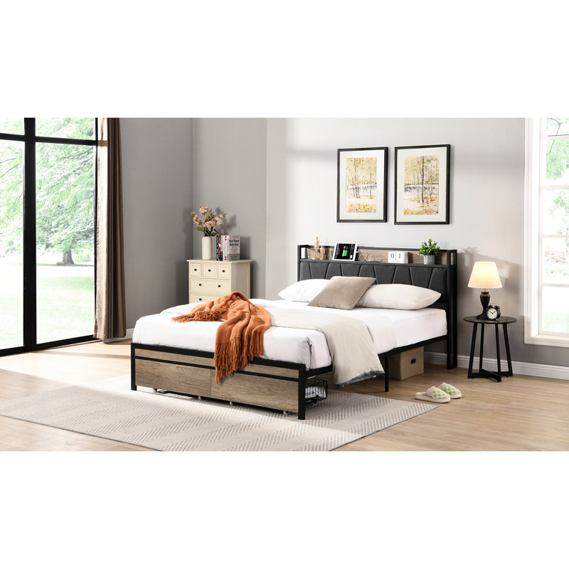 Lit plateforme en métal avec fonction de rangement - doublure, aucun sommier requis, sous-espace, facile à assembler et stable, tête de lit et plateforme rembourrées de style moderne noir et gris de 84,28 po de long,