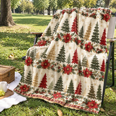 Festive Christmas Tree & Poinsettia Fleece Throw Blanket, Cozy Lightweight Plush Bed Blanket for Sofa Couch Bedroom Living Room Holiday Home Decoration