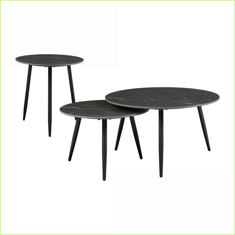 Ensemble de tables basses 3 pièces Modern - pieds en métal noir, plateau en pierre frittée, peu encombrant