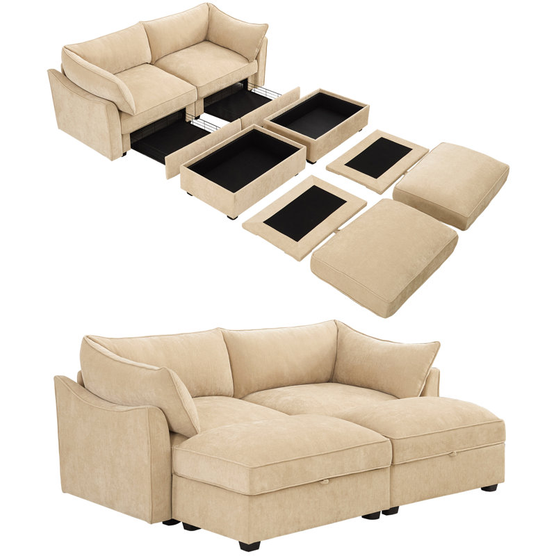 Canapé modulaire en tissu de chenille 2 places avec 2 repose-pieds mobiles et tiroirs de rangement cachés sous chaque siège, conception moderne et peu encombrante