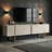 Modern TV Stand with Glam Design, Travertine & Gold Finish, 70.9 x 19.7 x 11.8 inches | 100% Melamine Coated Particle Board, Thickness: 0.7 inches | Stylish & Functional Storage Solution for Living Room, Elegant Marble Look-198585839