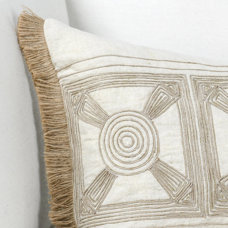 Baia 14x26 Embroidered Belgian Linen Fabric Natural Throw Pillow, Rectangular, 26"H x 14"W, Beige;Cream Geometric