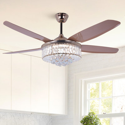 Ventilateur de plafond moderne en cristal 52 po avec lumière, moteur réversible à 5 pales, DEL 3 couleurs, télécommande