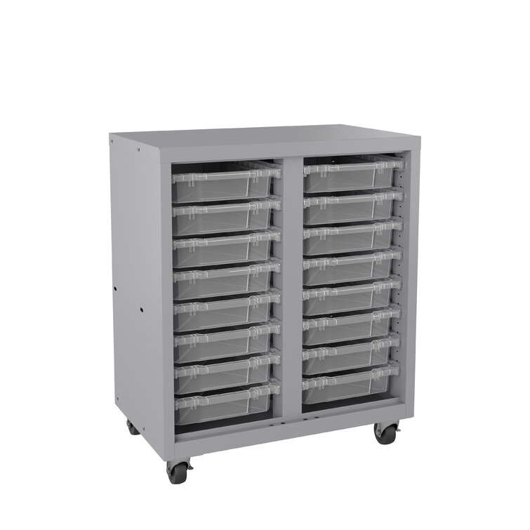 Space Solutions Bin Storage Cabinet with 16 plastic tote bins, Mobile, 36 x  30 x 18, Platinum/Blue Tool Boxes & Organizers 