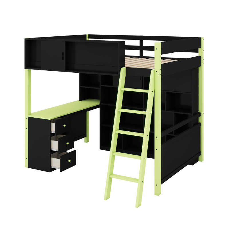 Wood Loft Bed With Desk & Storage, Built-In Bookshelf And LED Lighting For Kids Teens Adults, Green
