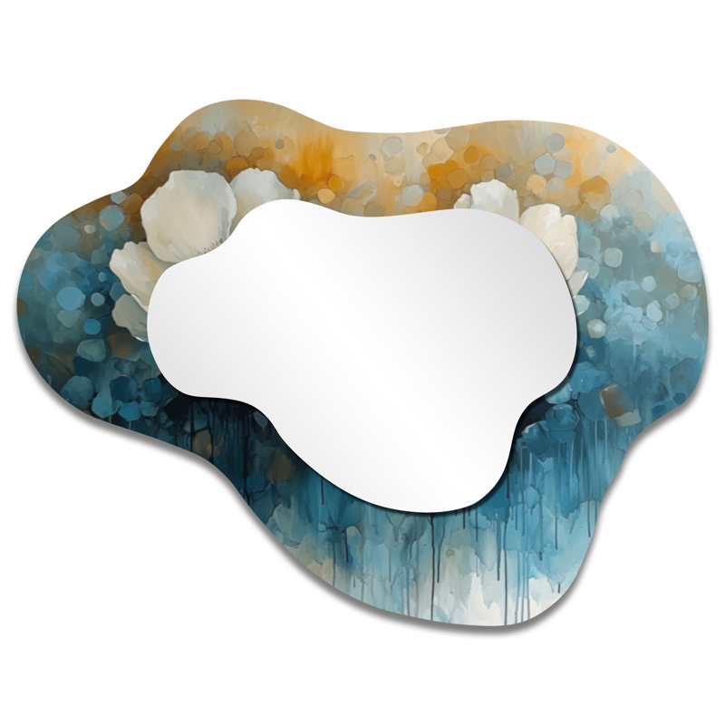 White Blue Peonies Garden - Peonies Irregular Asymmetrical Mirror, Traditional Wall Mirror, Printed on Metal, 27" x 35"