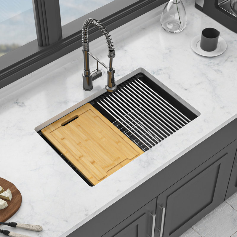 28 - Inch By 19 Black Quartz Workstation Undermount Kitchen Sink High End Material, Smooth Surface, Eliminates Vibration, With Drying Roll Up Rack And Bottom Grid Black, 28" X 19", Composite,