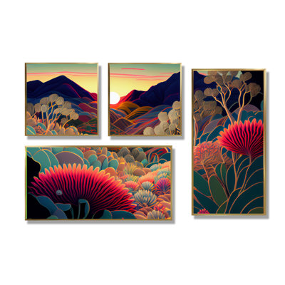 Fleurs colorées pendant l'heure dorée I - Art mural traditionnel jaune 4 pièces