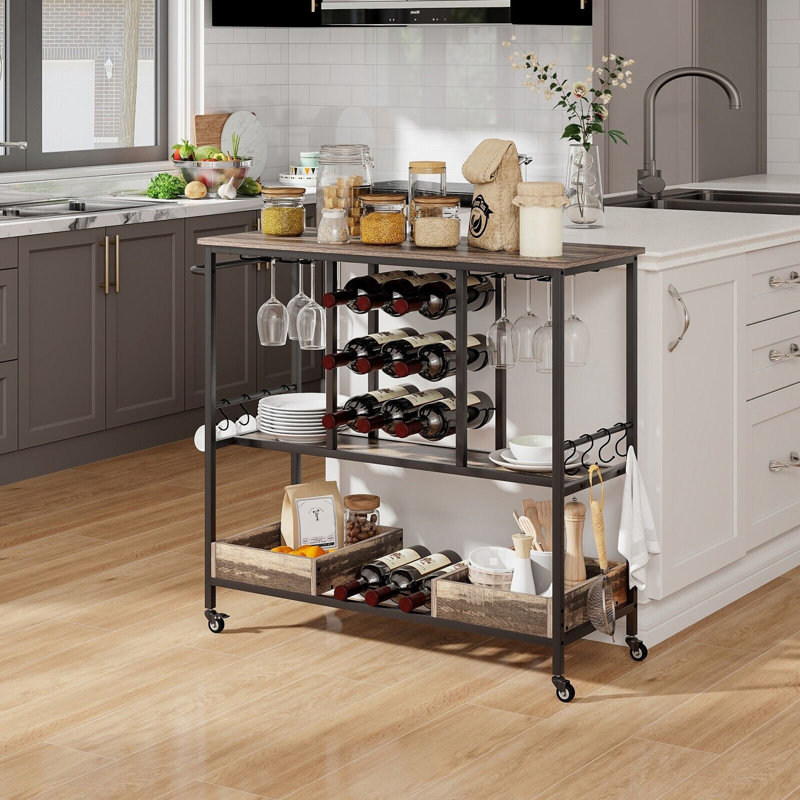 Alys Metal Bar Cart, Oak Wood