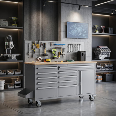 61" Workbench, Heavy Duty Wood Top Work Table with Drawers and Pegboard, Work Bench Organizers with Power Outlet, Wheels, Mobile Workstation for Garage, Workshop