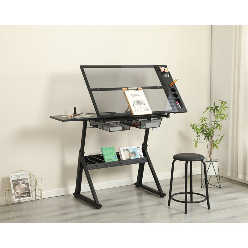 Hand crank adjustable tempered glass drafting drawing and printing table with chair and storage space for living room, study, bedroom