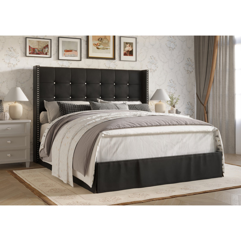 Lit plateforme tapissier Aliviana, Noir, Grand