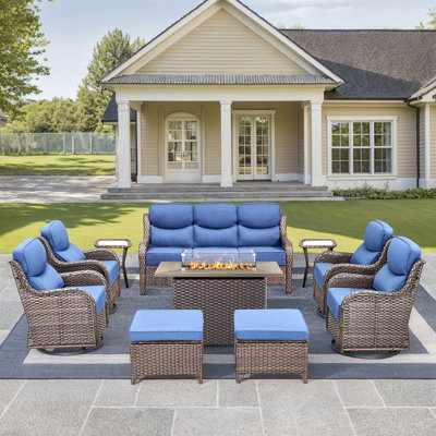 Ensemble de mobilier de patio 10 pièces, canapé d'extérieur en osier avec chaises pivotantes, table de foyer de 41 po, ensemble de conversation moderne à haut dossier toutes saisons, rotin